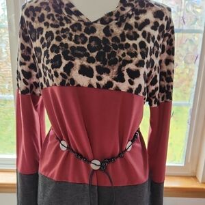Leopard Print and Color Block Top with Beaded Belt